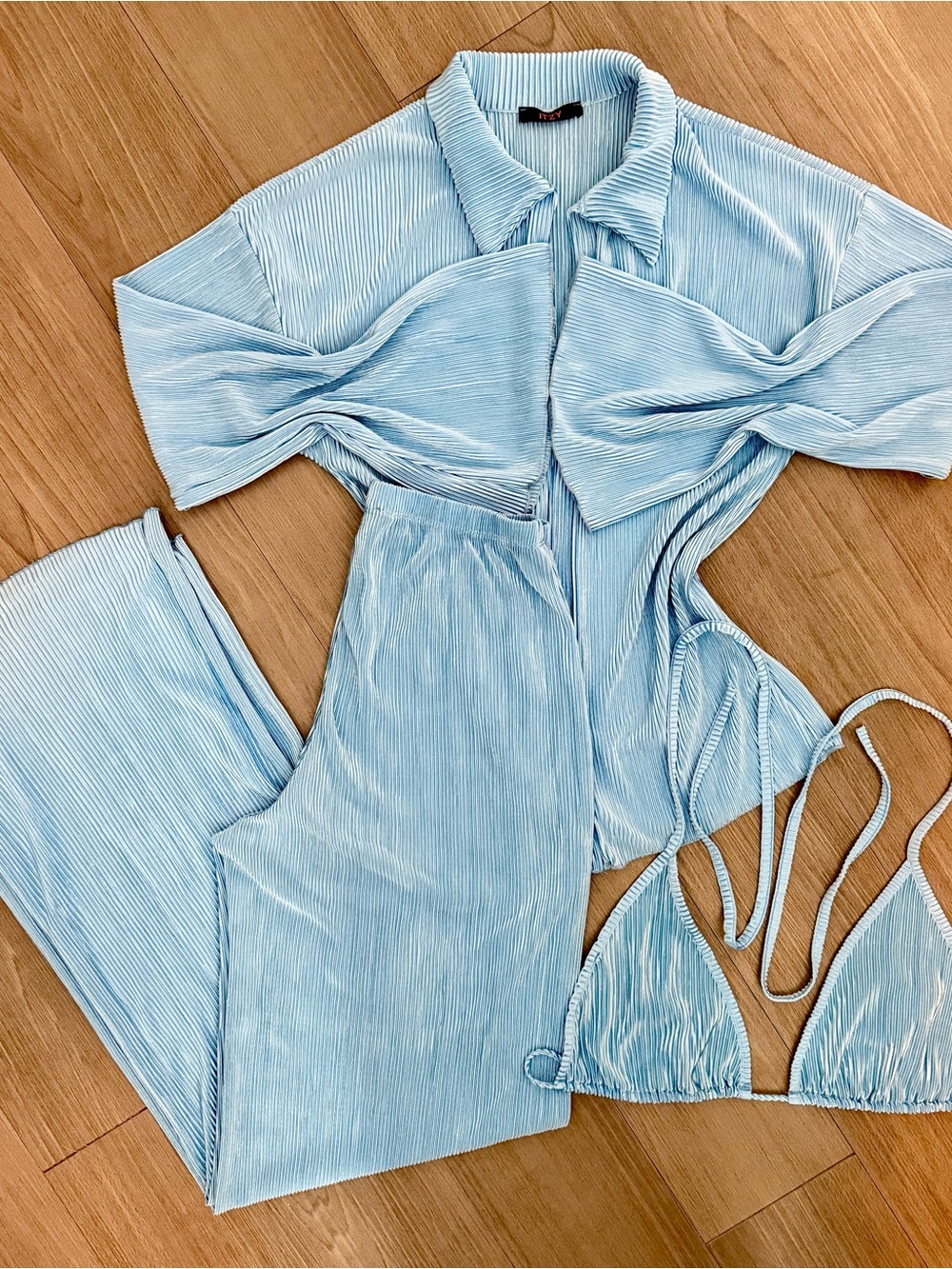ITZY Pleated Long Sleeve Button Up Wide Leg Bikini Top 3 Piece Set